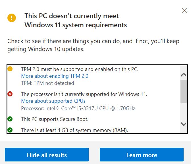Print screen showing that the PC's processor is not supported by Windows11