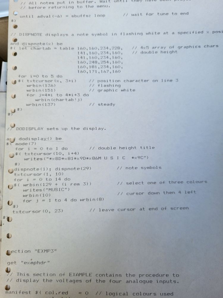 Some code printed by a dot matrix printer 