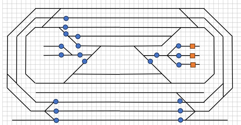 Schematic of a train layout with a few blue circles and 3 orange squares