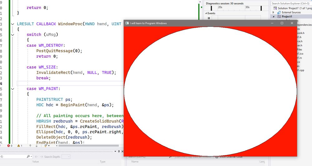 Some C code behind a red window with a White ellipse inside.