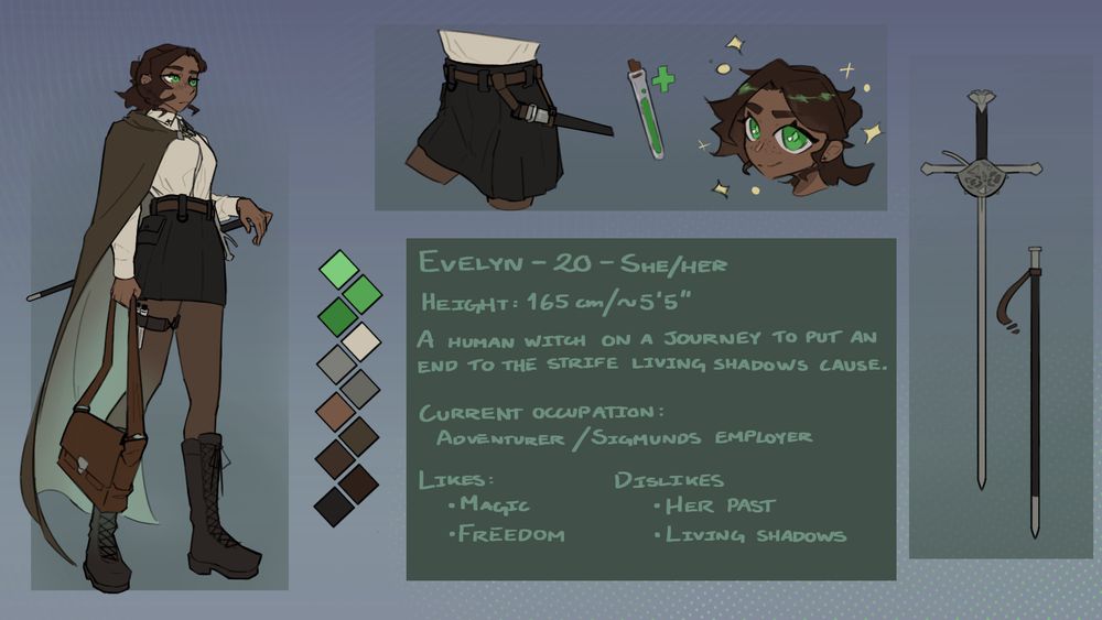 A ref sheet of my OC Evelyn, a fallen noble on a journey to make the better place by putting an end to the worlds curse, all the while having to reconcile with her troubled past