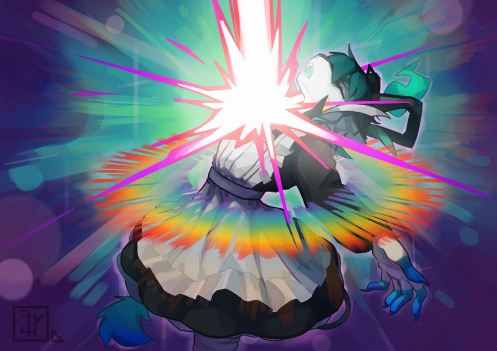 A drawing of me in a maid outfit getting hit by light that makes me show my queerness :]