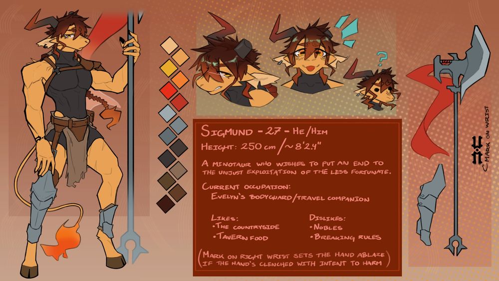a ref sheet of my OC Sigmund, a minotaur who once was a gladiator and logistics personnel, but now works as Evelyn's bodyguard