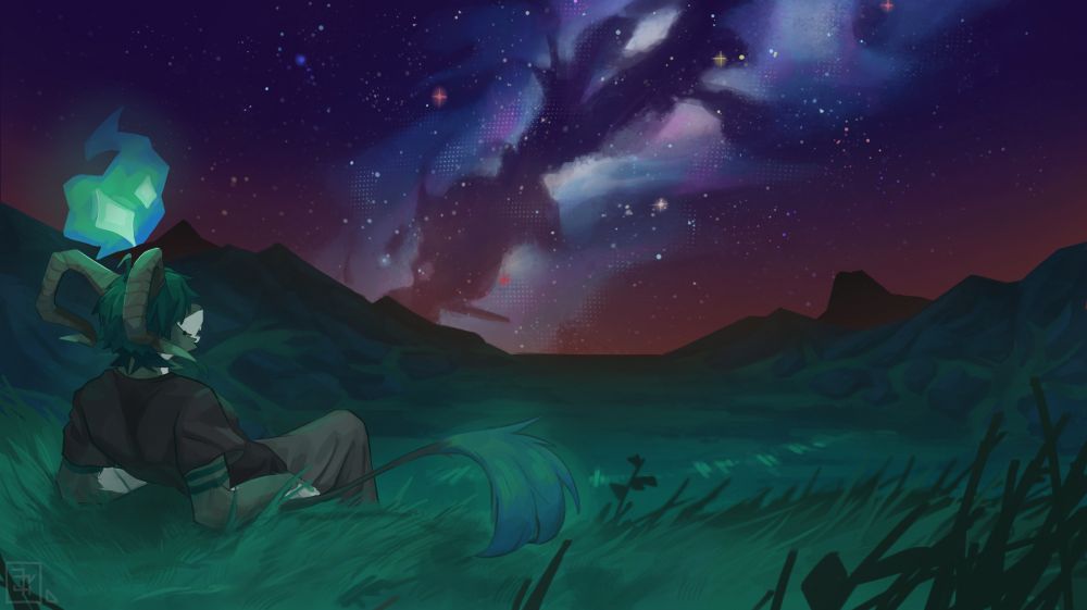 An attempt at drawing the night sky in a more painterly style with my OC on the ground looking at the stars