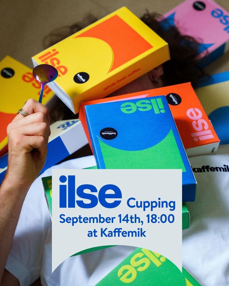 a bunch of colorful ilse coffee bags announcing the cupping