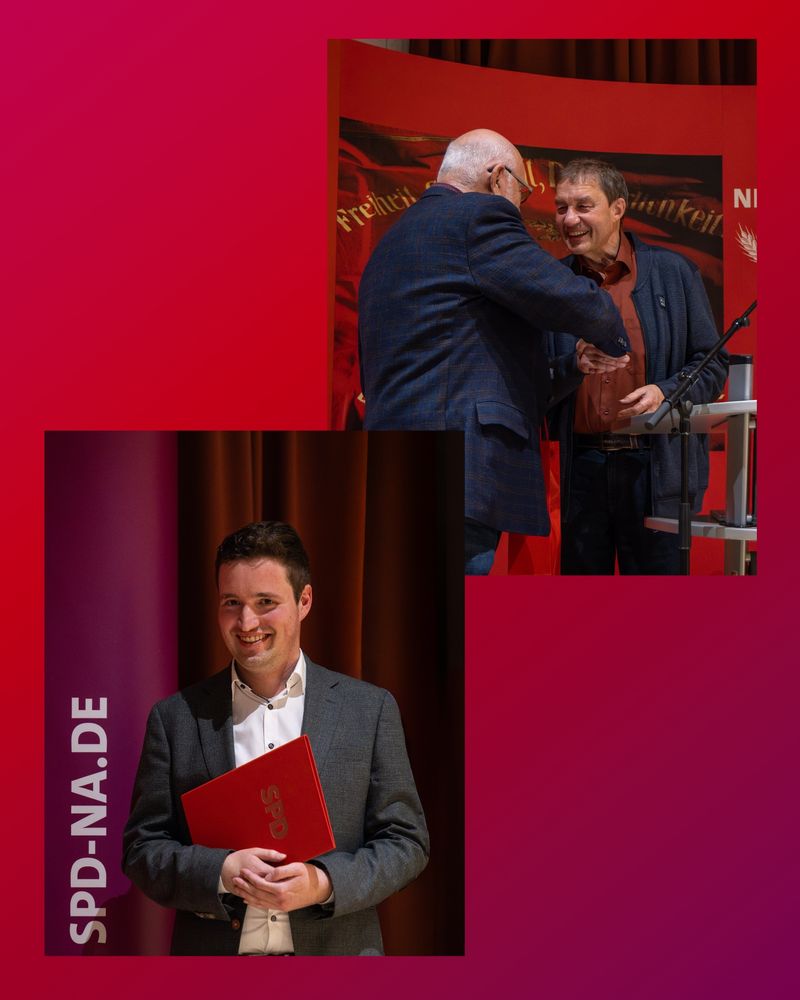 Eine Collage zeigt unten links Kevin Kulp, einen jungen Mann mit dunklem Sakko und hellem Hemd, der eine rote Mappe mit goldenem SPD-Emblem in den Händen hält und lächelt. Oben rechts sieht man Günter Siats, der dem zu ehrenden Rainer Henrici die Hand schüttelt.