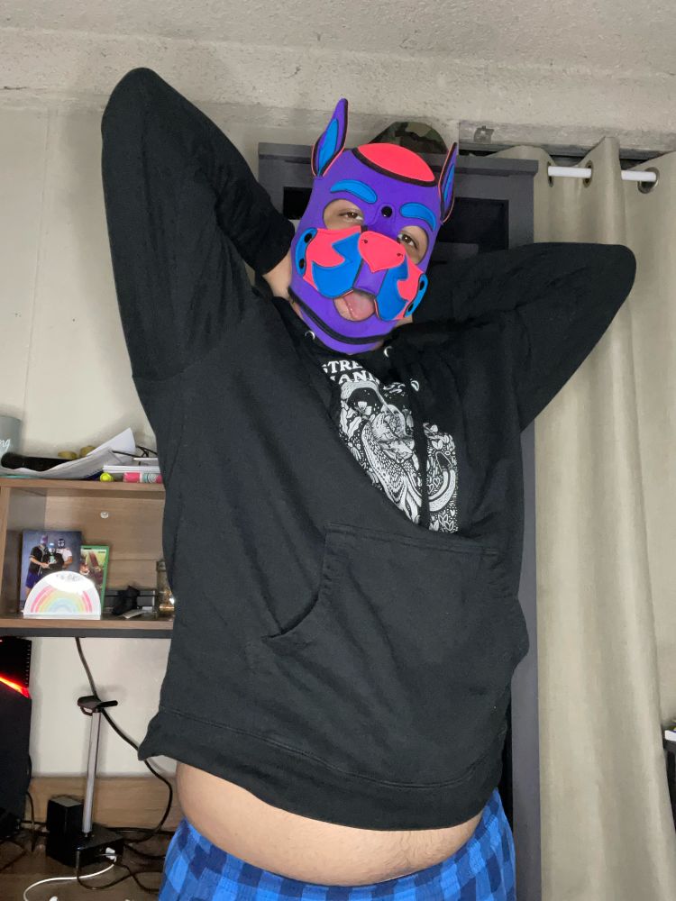 Pup Aero in Pink purple and blue hood, with Steet light manifesto sweater hands behind head with tongue sticking out! 