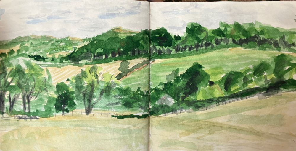watercolour painting of rolling hills with dry grass and trees