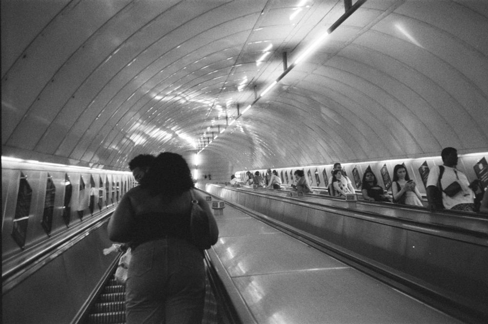 black and white film photo taken on an escalator going up. strip lights overhead on the curved roof. people standing on both sides, some looking at phones