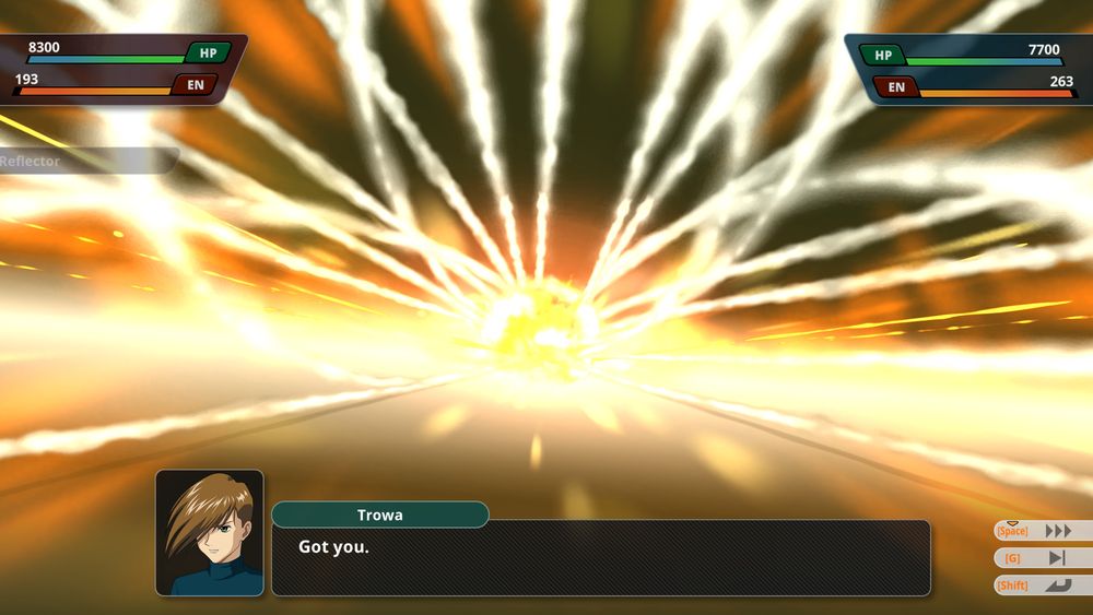 A screenshot of Super Robot Wars Y. Missile trails and tracer bullets streaking through a sky tinged orange from the center where an enemy is now replaced with a massive fireball.