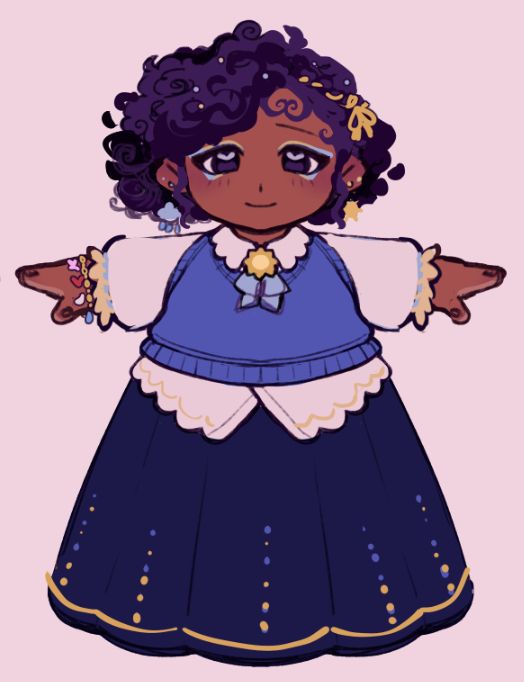 A rough, T-posing chibi Shelby with a new hairstyle and updated outfit.  The design is very blue-with-yellow-accents, rain and shine.