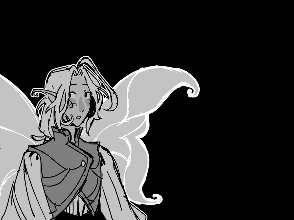 elbows-up digital sketch of a fairy.  they have slightly twisty billowy sleeves and um. wings?  also a waistcoat thing.  their hair is a little messy.