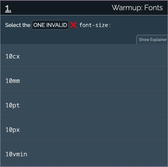 Select one INVALID font-size unit: 10cx, 10mm, 10pt, 10px, 10vmin