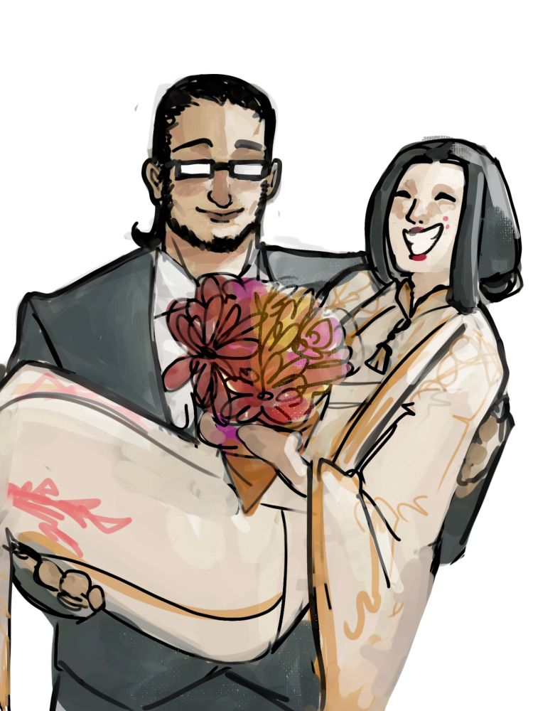 Luiz e Aazao se casando, Aazao está sendo levada no colo do Luiz segurando um buquê de flores