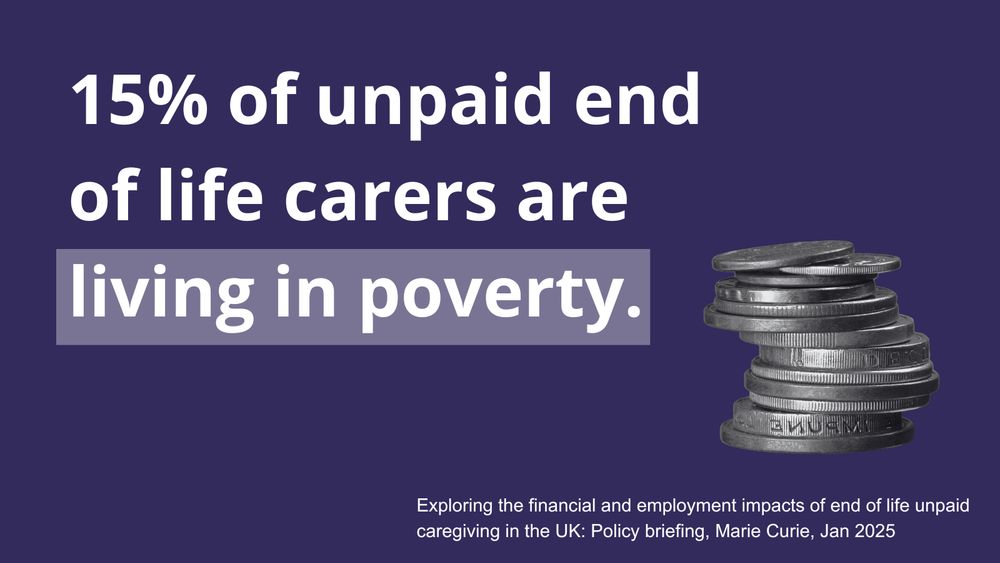Dark blue background with an image of some stacked coins. Text reads: 15% of unpaid end of life carers are living in poverty.