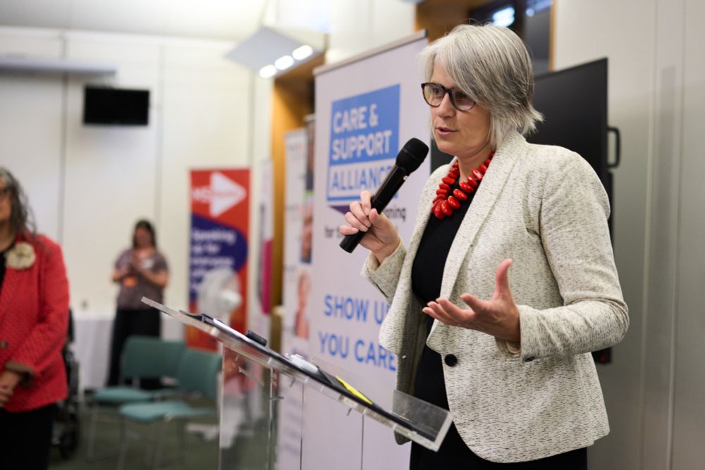 Photo of Anna Dixon MP speaking into a microphone. 