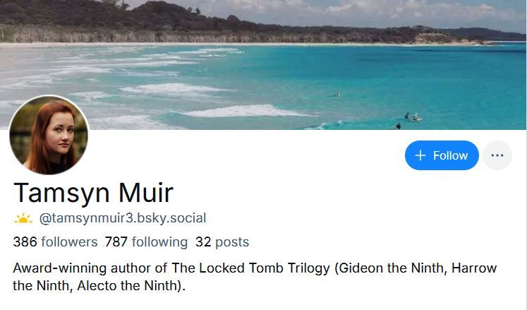 Screenshot of fake account for author Tamsyn Muir. Ask me how I know.