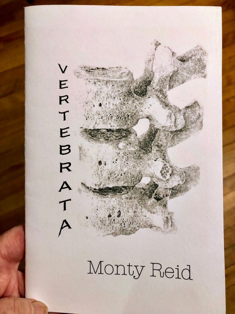 A picture of the cover Monty Reid's chapbook Vertebrata. A black and white drawing of three vertebrae covers most of the page. The word "vertebrata" runs vertically down the left side. The author's name, Monty Reid, is printed at the bottom. 