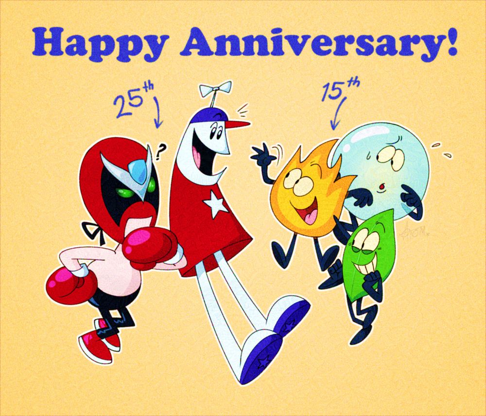 Art of characters from Homestar Runner and Battle For Dream Island seeing eachother. Strong Bad, Homestar Runner himself, Firey, Bubble and Leafy are featured in the illustration. Both celebrated their 25th (website) and 15th (show) anniversaries on January 1st.