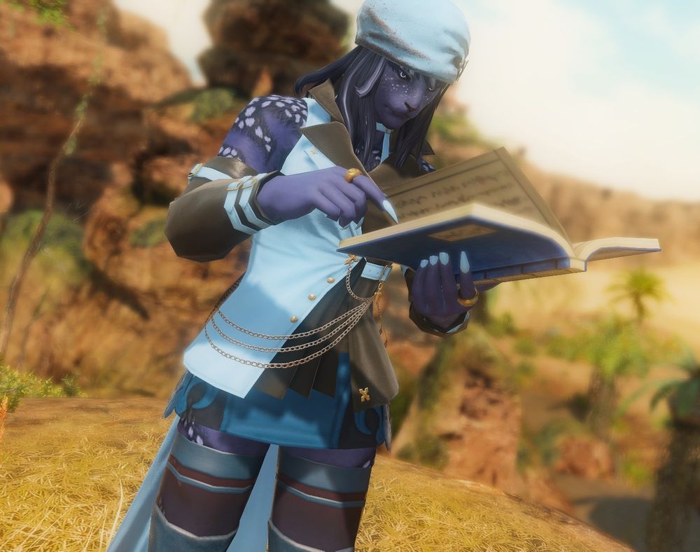 Dark Indigo skinned hrothgar that has pale lilac spots on her shoulders, upper arms and thighs, as well as leading down to her dark tail tip. 
Her hair is dark-purple with the same light purple highlights as her spots.
Has on a newsboy hat in sky-blue
Wearing black n sky-blue vest/steampunk-style top that has a sky-blue cape. 
Nails are sky-blue and long.
Peacock-blue skirt that has swirling black pattern. Shirt skirt with navy-blue tights.
The surrounding appears to be a sunny day, light clouds with desert rocks in the distance. 
Yellow-green foliage surrounding from acacia and desert trees as well as bushes and grass.
Woman is standing, reading a deep-blue book.