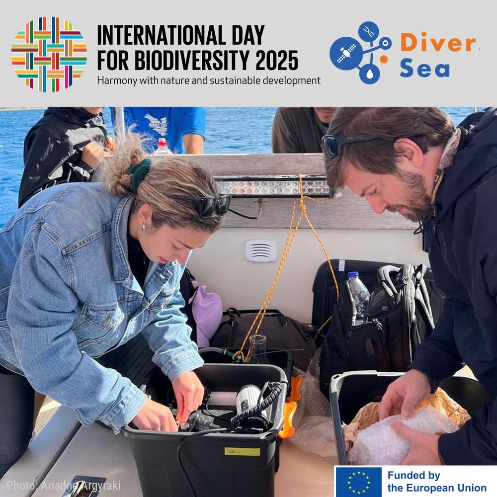 A man and a woman in a boat on the water setting up data collection equipment in large plastic tubs. Logos indicate the International Day for Biodiversity 2025, DiverSea, and funding by the European Union.