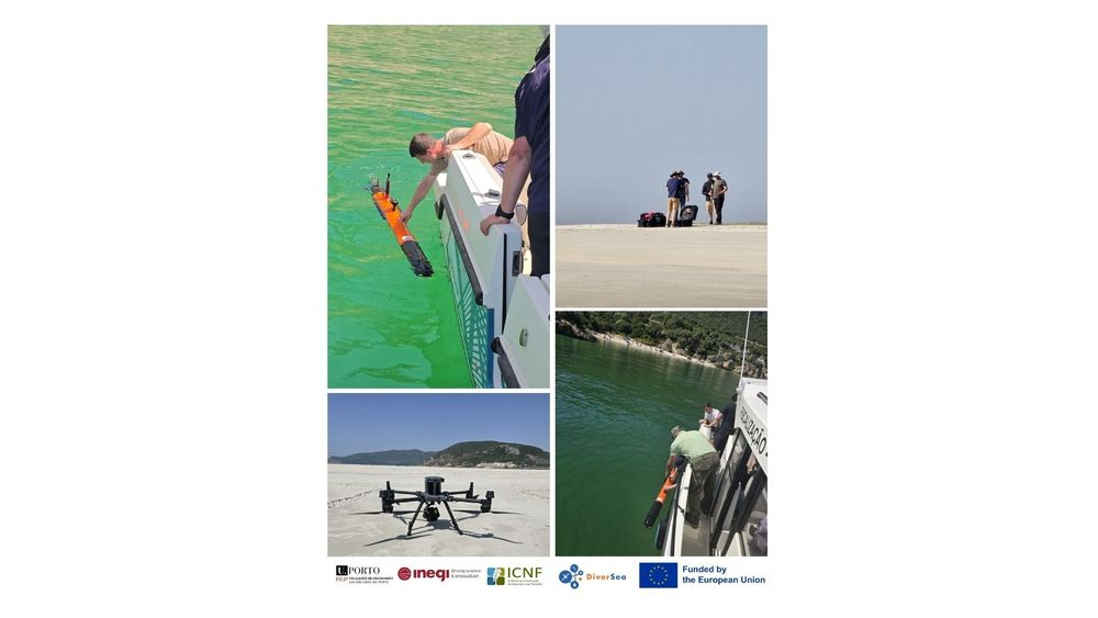 From top left, clockwise: A researcher deploys a robotic sensing device off a boat in turquoise water; researchers seen at a distance on a sandy beach preparing research equipment; deploying a robot sensor off a boat alongside a forested shore; a drone rests on a sandy beach. Logos displayed are U of Porto, INEGI, ICNF, DiverSea and EU.