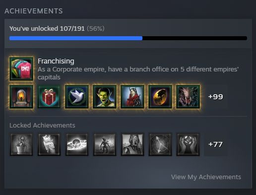 Screenshot showing 107 out of 191 achievements for Stellaris