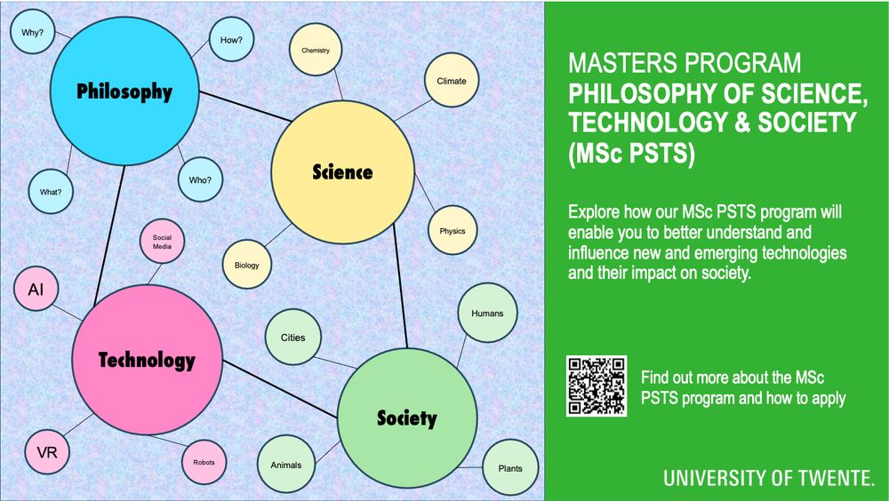 MASTERS PROGRAM
PHILOSOPHY OF SCIENCE,
TECHNOLOGY & SOCIETY
(MSc PSTS)

Explore how our MSc PSTS program will
enable you to better understand and
influence new and emerging technologies
and their impact on society.

Find out more about the MSc
PSTS program and how to apply

UNIVERSITY OF TWENTE