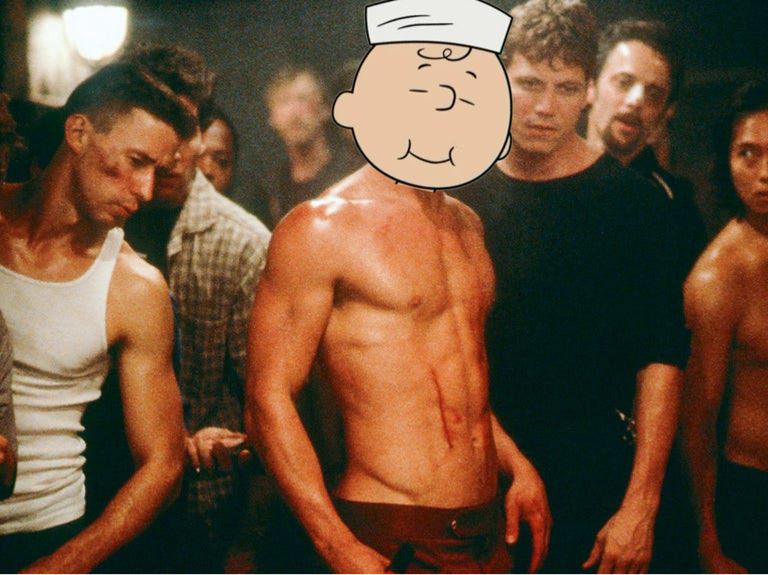 Charlie Brown in a sailor hat superimposed over Brad Pitt’s fight clubbin’ body 