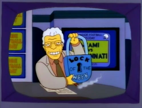 simpsons screencap of a white haired man carrying a giant novelty lock labeled "lock of the week" when picking football winners 