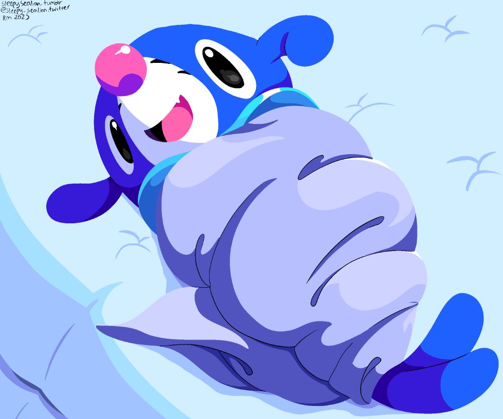 Popplio rolled up in a little blanket. 