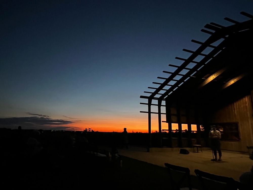 Sunset with a building structure off to the left and people gathered learning about fireflies. Urbana, IL