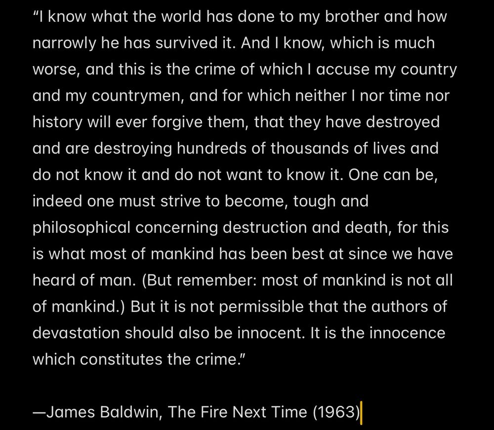 White text on a black background that states:

“I know what the world has done to my brother and how narrowly he has survived it. And I know, which is much worse, and this is the crime of which I accuse my country and my countrymen, and for which neither I nor time nor history will ever forgive them, that they have destroyed and are destroying hundreds of thousands of lives and do not know it and do not want to know it. One can be, indeed one must strive to become, tough and philosophical concerning destruction and death, for this is what most of mankind has been best at since we have heard of man. (But remember: most of mankind is not all of mankind.) But it is not permissible that the authors of devastation should also be innocent. It is the innocence which constitutes the crime.”

It is an excerpt from The Fire Next Time, written by James Baldwin (1963).