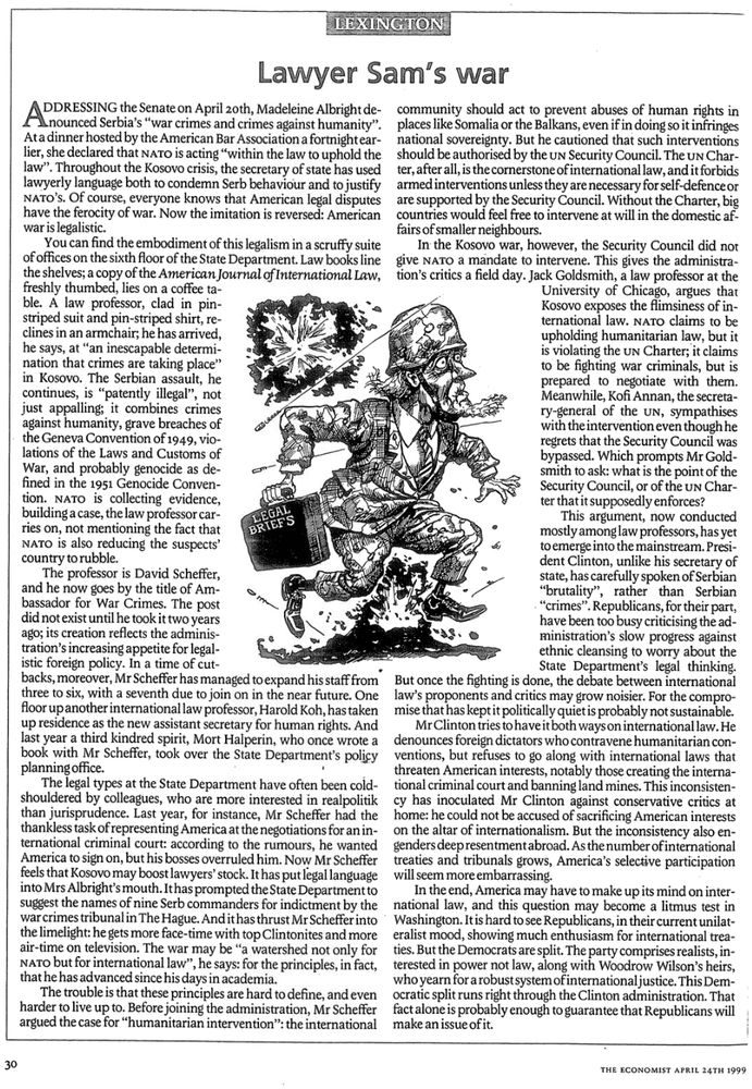 article in the economist, 1999, "lawyer sam's war"