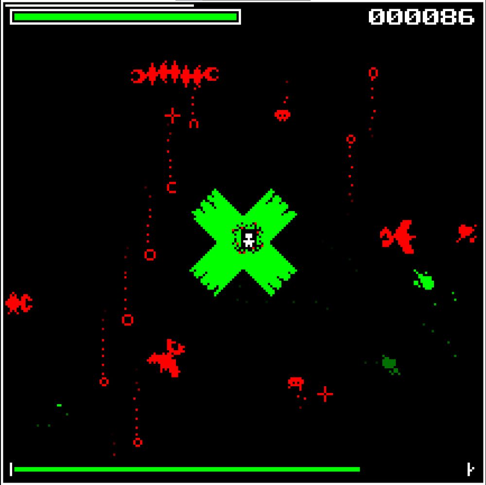 Screengrab from Battery Acid Boy 2, with characters displayed in lurid red, green and white. Enemy characters are displayed in red, with the player character in white stood in the center of a giant, jagged green cross. It is clearly some kind of bullet hell game. Most shapes are oddly distorted due to pixel perfect scaling and rotation