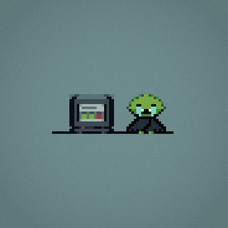 a crying goblin-vampire hybrid creature stands next to a computer monitor displaying a cloudflare error. It's drawn in a low-resolution pixel art style. Some light post-processing gives the image a little texture, but individual pixels are still clearly visible