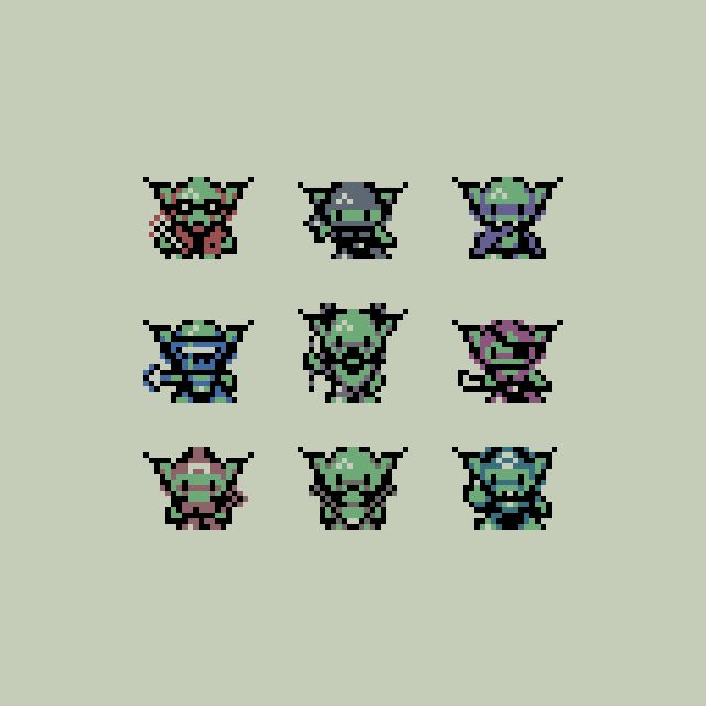 A selection of 9 pixel art goblins wearing a variety of clothing, each with a unique feature. From left to right, top to bottom they include:

A bespectacled goblin with a glowing red tool

A grey goblin with throwing star.

A cloaked purple goblin with extended canine teeth

A masked blue goblin with spear

A bearded goblin with a staff

A pink goblin with eyepatch and hockey stick

A blushing goblin with a red hat

A goblin with elaborate friendly mutton chops and bizarre clothing.

A goblin with a raised middle finger.
