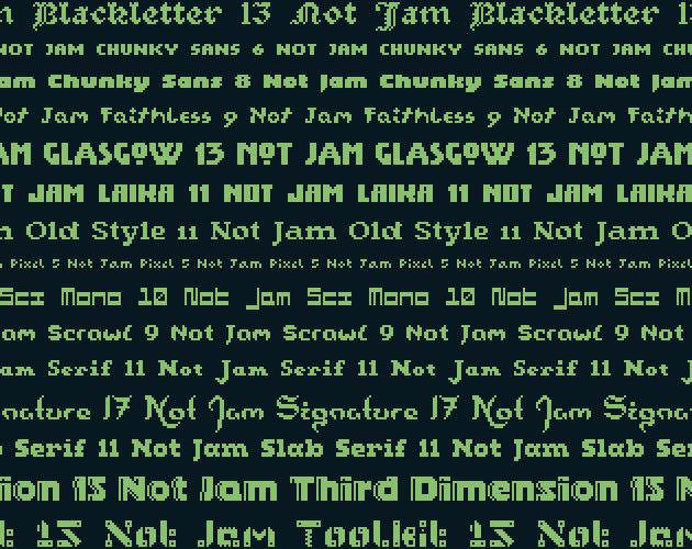 A wide range of pixel fonts displayed in vibrant green on a navy background.