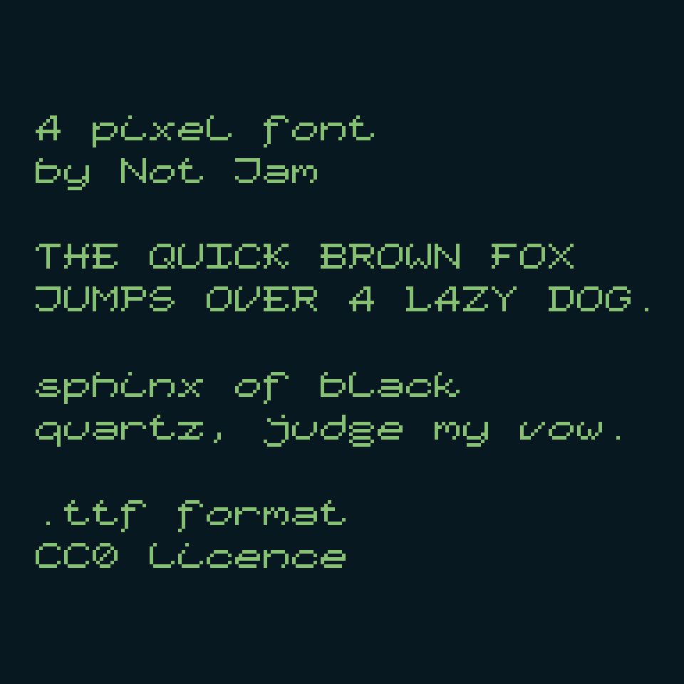 A pixel font displayed in vibrant green on a navy background.

The text reads:

"A pixel font
by Not Jam

THE QUICK BROWN FOX
JUMPS OVER A LAZY DOG.

sphinx of black quartz,
judge my vow.

.ttf format
CC0 licence"