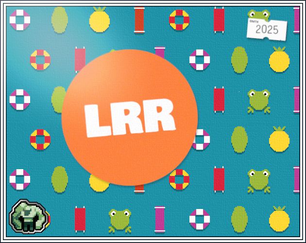 Cover art for Lazy River Rally. A large orange circle contains the letters "LRR" above a repeated background of pool floats. In the top right corner is something resembling a price sticker which reads "GMTK 2025". In the bottom left corner the Not Jam logo is visible with a slight holographic effect applied.