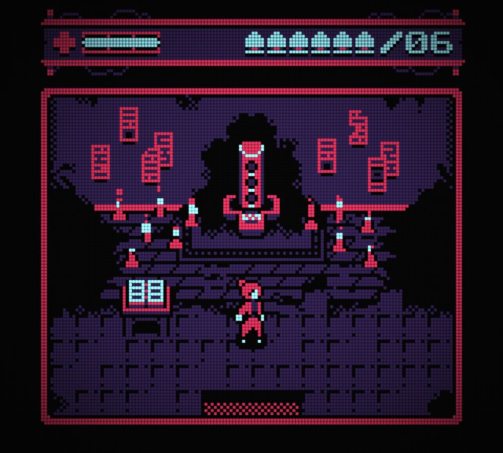 Screenshot from a pixel art game. A character with hair tied up in a bun stands before some kind of shrine, surrounded by candles and pages of scripture. On a small altar to her left sits a large tome of uncertain contents. The scene is rendered with a 2-bit palette ranging from black through purple, pink and pale blue, and is overlaid with a dot-matrix style shader.