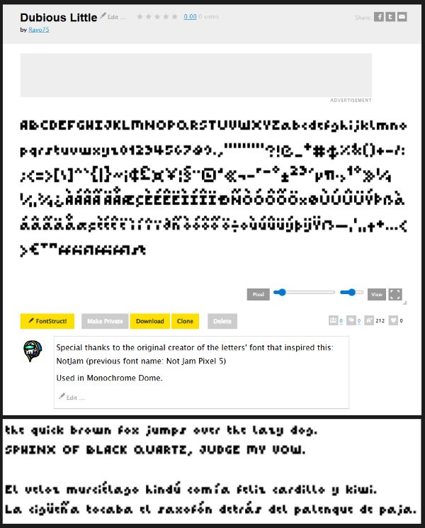 Screenshot of a fontstruct page, displaying Dubious Little - a tiny pixel font with 212 glyphs available.