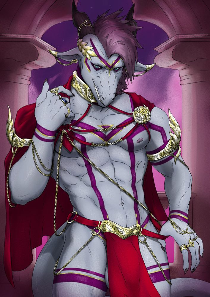 A sensually posed and very muscular dragon wearing revealing red and gold jewellery and cloth is stood before a stone archway, a celestial sky shining pink light through the opening to illuminate the dragon and the room.

The dragon is a desaturated blue grey with purple and gold body paint along his strong body, he is adorned in gold chains and red fabric.

His sizeable manhood is also barely covered by the loincloth, the edge of the teste is just peeking out form the side.