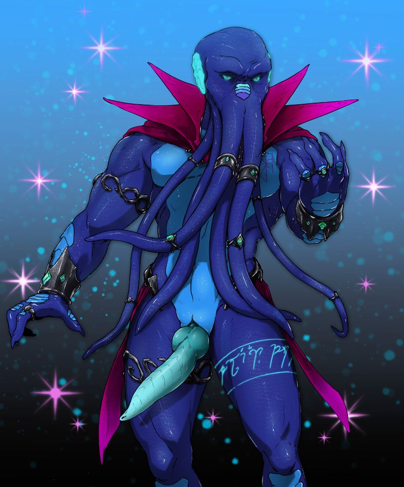 A rich blue masculine mind-flayer with six tentacles, adorned in pink fabric and dark metal jewellery. He leans to the side, showing off his pristine and muscular body and long shiny penis.

He beckons you to come closer.