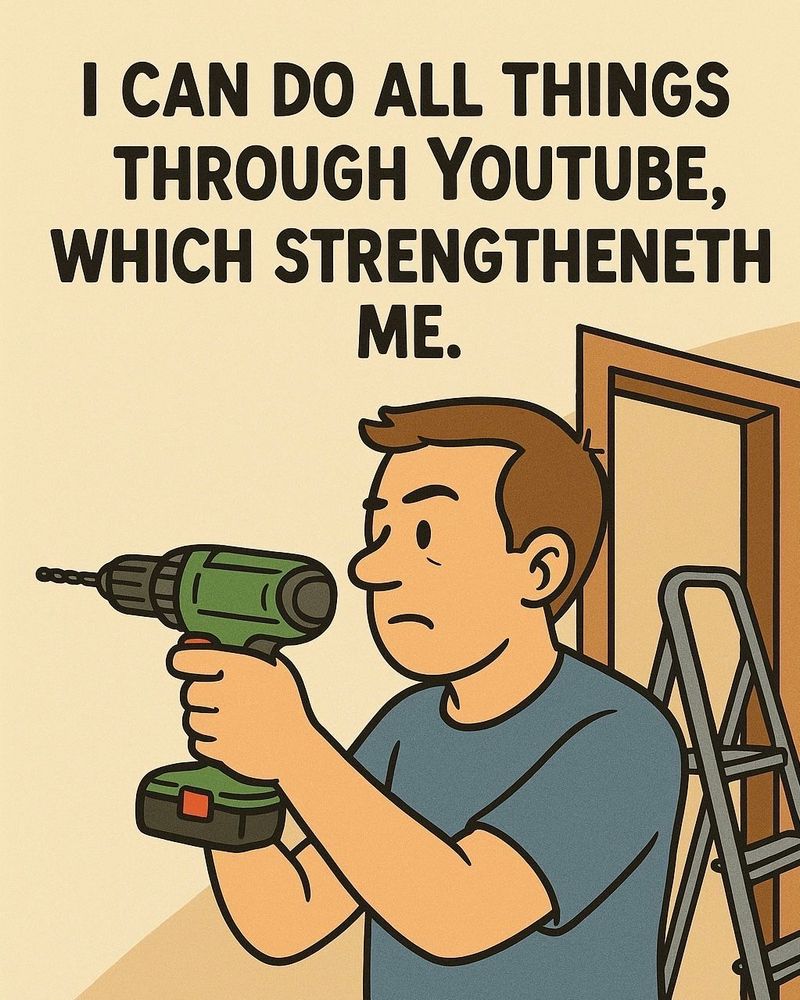 Meme with “I can do all things through YouTube, which stengtheneth me.” With a guy and a drill doing home improvement. 