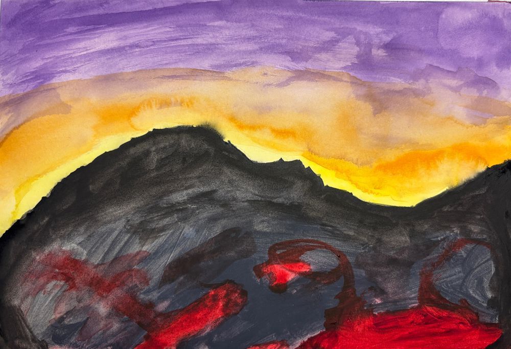 Watercolor of a purple and yellow sky with black mountains and red chambers under the mountain. 