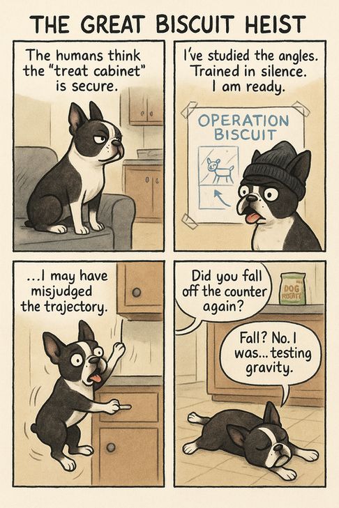 A comic titled The Great Biscuit Heist picturing a Boston Terrier attempting to steal biscuits off the countertop but falling instead.
