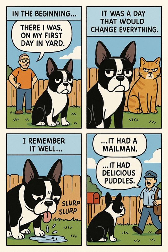 AI generated comic strip about a boston terrier.