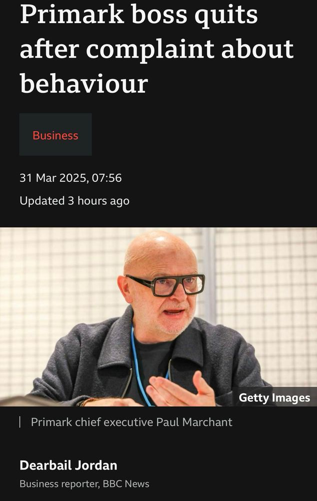 BBC News app headline “Primark boss quits after complaint about behaviour”