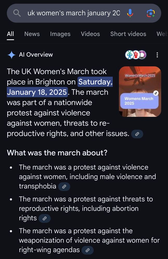 Screenshot of Google AI summary on Thursday 16th January about a march taking place on Saturday 18th January. 
The summary reads “The… march was part of a nationwide protest…” and the summary in the past tense continues under the heading “What was the march about?”